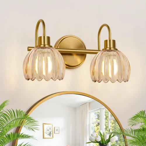 Miniatura 10 de Juego de 2 lámparas de tocador de baño en oro cepillado, lámpara de pared de cabeza única con pantalla de vidrio verde acanalado