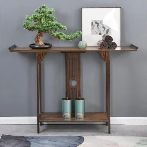 Miniatura 8 de Gdrasuya10 Mesa de sofá consola de bambú de nogal de 40 pulgadas, mesa de sofá vintage, mesa de consola estrecha y larga, estilo japonés, mesa