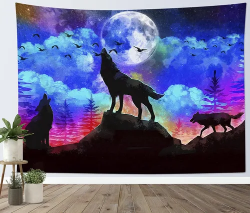 Miniatura 6 de HVEST Tapiz de lobo, tapiz de bosque psicodélico, tapiz para colgar en la pared, tapices de luna, animales salvajes, decoración de habitación, manta