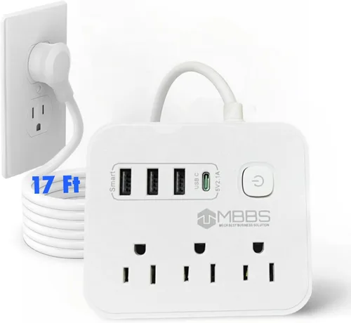 Miniatura 14 de Regleta protectora contra sobretensiones con USB C, protección 1200J, cable de extensión resistente, (7 en 1), 3 salidas de CA, 4 puertos USB, Blanco