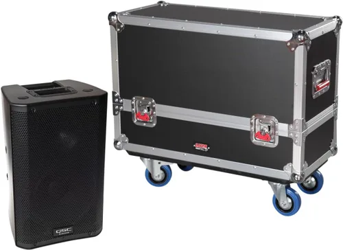 Gator Cases G-Tour Series ATA Style Road Case para (2) gabinetes de altavoces QSC K8 con almacenamiento de cables y ruedas resistentes de 4 pulgadas