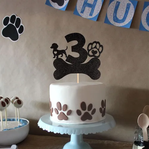 Miniatura 4 de 1 pieza de decoración para pastel de tercer cumpleaños con purpurina negra con pata de perro de tres años de edad, cachorro de perro, hueso de hueso