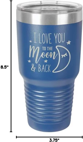 Miniatura 10 de Vaso azul de 30 onzas con popote y tapa superior deslizante con texto en inglés "I love you to the moon and back", taza de viaje de acero inoxidable