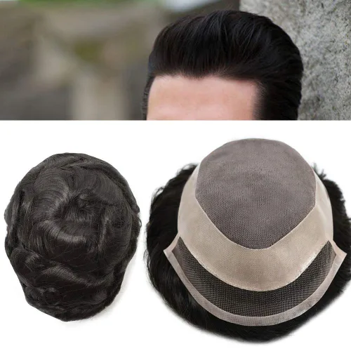 Miniatura 4 de Sistema de cabello humano negro tipo tupé soldado fino para hombre, línea capilar natural, nudo blanqueado, encaje frontal, pelucas mono