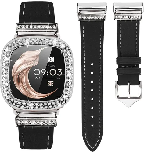 Miniatura 14 de Correa de cuero compatible con Fitbit Sense 2/Versa 4 para mujeres, elegante correa de cuero con hebilla metálica en forma de D con strass con funda