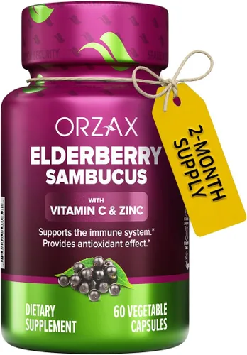 ORZAX Cápsulas de saúco, suplemento de apoyo inmunológico con vitamina C y zinc de saúco, suplemento antioxidante para mujeres y hombres (60