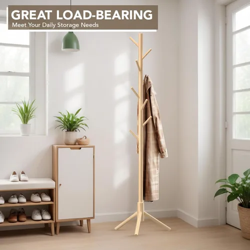 Miniatura 2 de Hupmad - Perchero de árbol de madera, perchero resistente independiente con 8 ganchos, 3 alturas ajustables para niños y adultos, árbol de pie