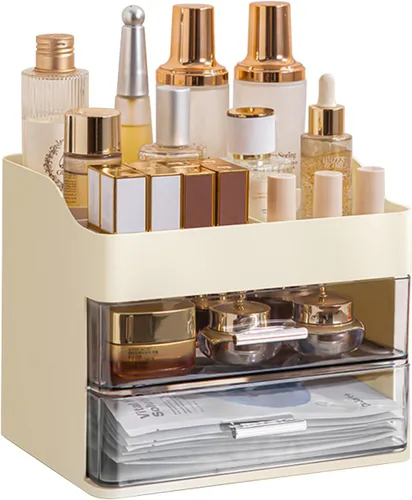 DASITON Organizador de maquillaje con 2 cajones, organizador de cosméticos de maquillaje de gran capacidad para tocador, tocador de baño,
