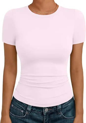 Miniatura 35 de AUTOMET - Camisetas básicas de manga corta para mujer, para verano, entrenamiento o gimnasio, con cuello redondo, ropa moderna estilo Y2K