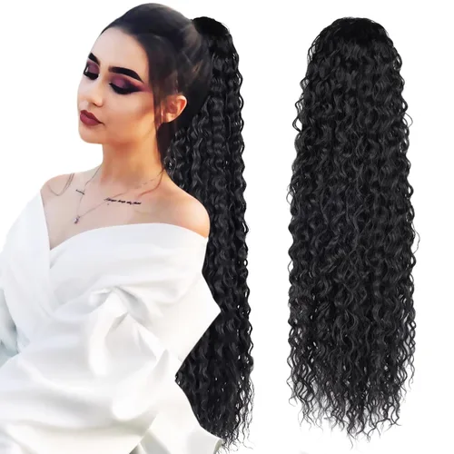 Miniatura 12 de Extensión de cola de caballo larga con cordón sintético de 26 pulgadas, moño rizado 4# Clip en extensión de pelo para mujer