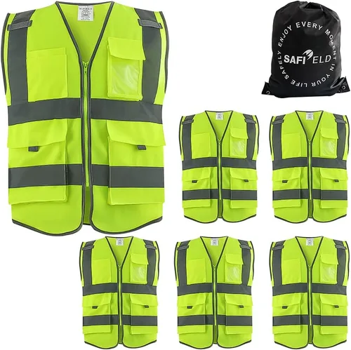Miniatura 7 de Chaleco de trabajo reflectante de seguridad, paquete de 6 para hombres y mujeres, con 8 bolsillos y cremallera, ropa exterior de construcción
