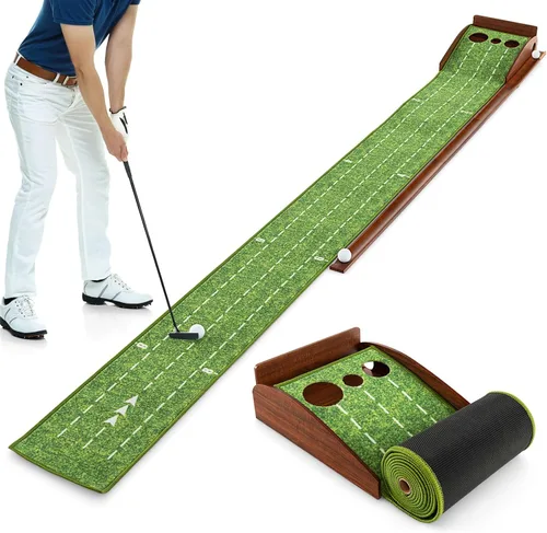 Miniatura 10 de Tangkula Alfombrilla de práctica de golf de 10 pies, 2/3 hoyos con retorno automático de bola para interiores y exteriores, guías de alineación y 3