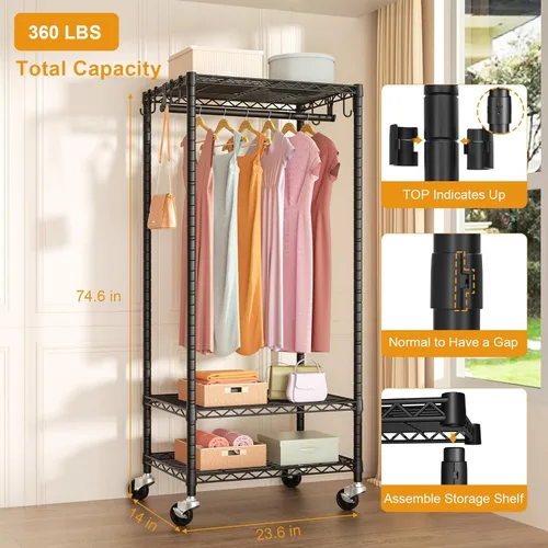 Miniatura 6 de FUTASSI P6 - Mini perchero con ruedas para colgar ropa, resistente y portátil, con ruedas, carga máxima de 360 libras, 23.6 pulgadas de ancho x 14