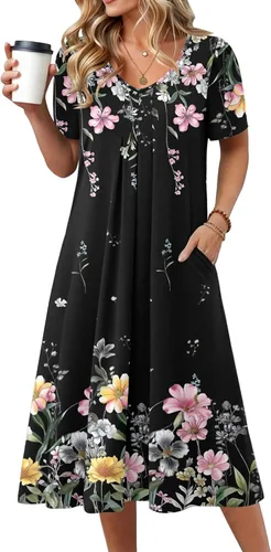 Miniatura 9 de Zeagoo Vestido de verano para mujer, casual, floral, midi, con bolsillos, cuello en V, plisado, manga corta, estilo alineado, para vacaciones