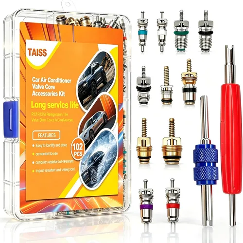 Taiss Kit de accesorios de núcleo de válvula de aire acondicionado de coche, 102 Uds., con herramienta de extracción de núcleo de válvula, R12