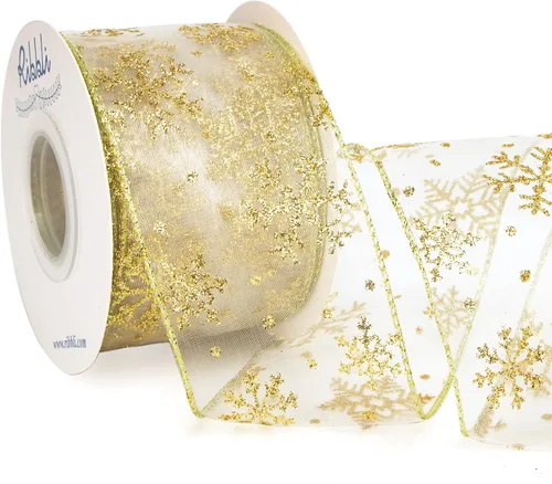 Miniatura 10 de Ribbli Cinta con alambre de purpurina de copo de nieve, organza dorada transparente con patrón de copo de nieve con purpurina dorada y borde