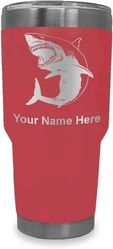 Miniatura 40 de LaserGram Vaso aislado al vacío de 20 onzas, gran tiburón blanco, grabado personalizado incluido (negro)