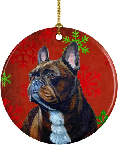 Miniatura 64 de Caroline's Treasures Bulldog English - Copos de nieve rojos y verdes, adorno de cerámica de Navidad, decoración colgante para el hogar, Navidad