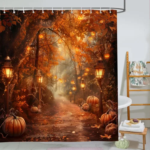 Miniatura 11 de Cortina de ducha de otoño, decoración de baño de árbol de calabaza, 72 x 72 pulgadas, tela de poliéster, cortina de baño impermeable con 12 ganchos