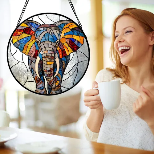Miniatura 3 de Atrapasoles de Vidrio Manchado para Colgar en Ventana, Elefante Colorido para Capturar el Sol para Puerta, Decoración del Hogar, Atrapasoles de Plata