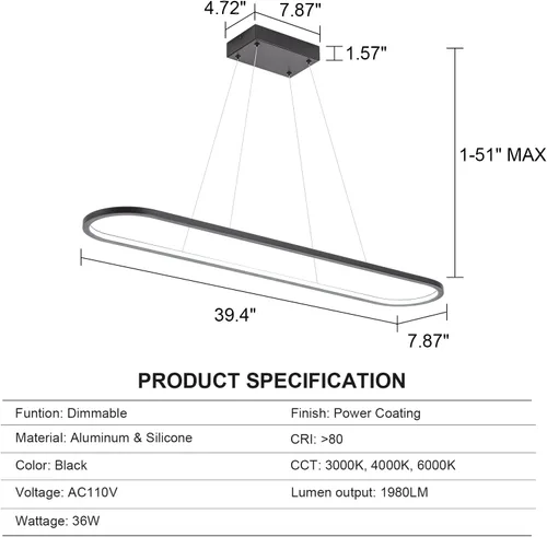 Miniatura 5 de MADEM Candelabro LED moderno, 39.4 pulgadas, luz lineal negra, luz colgante de mesa de billar, lámpara colgante regulable 3CCT para comedor, cocina