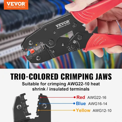 Miniatura 2 de VEVOR Herramienta de prensado para conectores eléctricos aislados AWG22-10 Engarzadora de terminales de nailon y termorretráctil, alicates