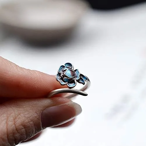 Miniatura 3 de Anillo de plata de ley 925 con esmalte y flor de loto para mujeres y niñas, abierto y ajustable, Metal, Sin piedras preciosas