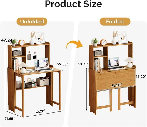 Miniatura 6 de Escritorio plegable de bambú de 31.1 pulgadas con estantería, escritorio compacto para computadora para espacios pequeños, escritorio plegable