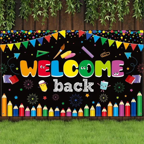 Tatuo Cartel de bienvenida de vuelta a la escuela, cartel grande de tela para el primer día de escuela, cartel de bienvenida, tablón de anuncios,