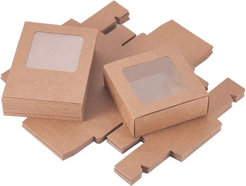Miniatura 7 de BENECREAT Paquete de 20 cajas cuadradas de papel kraft de 3.5 x 3.5 x 1.2 pulgadas, caja de cajón con tapa de ventana de PVC para fiesta de Marrón