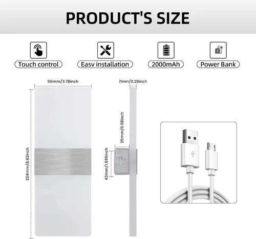 Miniatura 5 de MEHIDFY Juego de 2 apliques de pared, lámpara de pared regulable con control táctil, apliques de pared LED recargables, luces de pared a