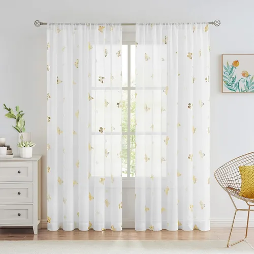 Miniatura 16 de Jubilantex Paneles de cortinas transparentes de mariposas negras y doradas de 52 pulgadas de ancho para dormitorio de niñas, elegantes cortinas
