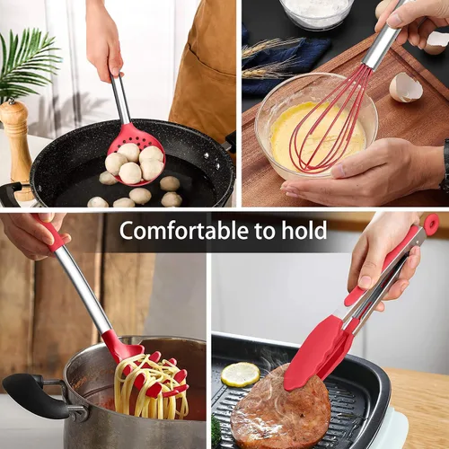 Miniatura 6 de LIANYU Juego de utensilios de cocina de 15 piezas con soporte, herramientas de cocina de silicona, mango de acero inoxidable, espátula ranurada, Rojo