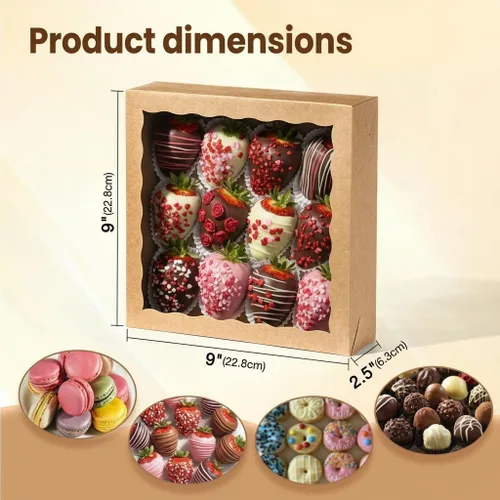 Miniatura 4 de Cajas de panadería marrón kraft de 9 pulgadas, cajas para pasteles con ventana transparente para fresas de chocolate, pasteles, magdalenas, donas