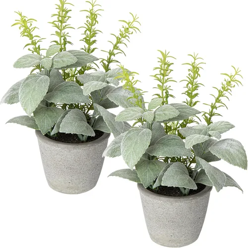 Briful Juego de 2 plantas artificiales en maceta, mini plantas falsas de menta sintética y romero para el hogar, oficina, granja, estante rústico,