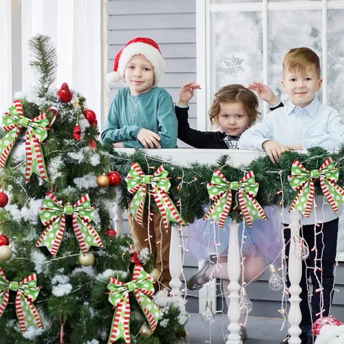 Miniatura 5 de 2 rollos de cinta de Navidad en espiral con puntos con alambre con rayas, envoltura de tela colorida, cintas decorativas de Navidad para suministros