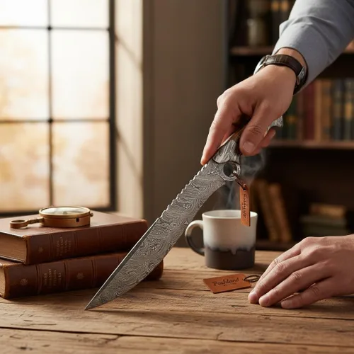 Miniatura 4 de Poshland RG-213 Cuchillo Bowie de acero de Damasco hecho a mano de 15 pulgadas - Hermoso mango de cuerno de cordero con refuerzos de acero de Damasco