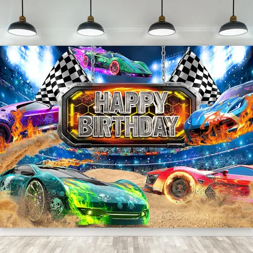 Miniatura 7 de Riyidecor Telón de fondo de feliz cumpleaños de coche de carreras, bandera de cuadros negros y blancos de neón de 5 pulgadas de ancho x 3 pies