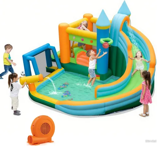 BOUNTECH Tobogán acuático inflable, castillo de salto de agua 9 en 1 para niños con soplador GFCI, toboganes dobles, bolas oceánicas, puerta de