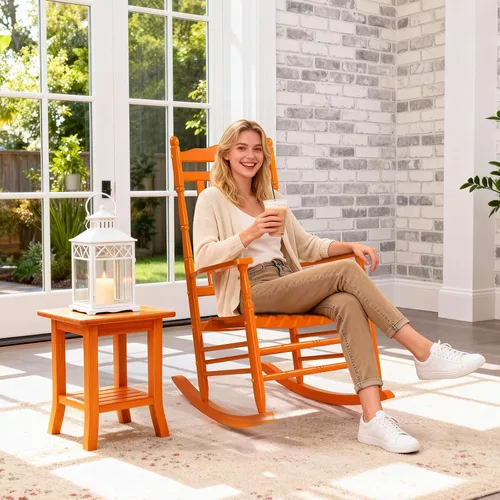 Miniatura 7 de VINGLI Mecedora de madera, silla para exteriores con soporte de 450 libras, balancín relajante con asiento de respaldo alto de madera maciza