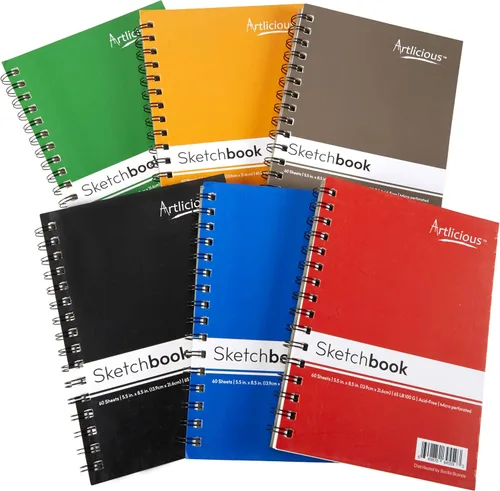 Artlicious Paquete de 6 cuadernos de bocetos, 5.5 x 8.5 pulgadas, cuadernos de dibujo en espiral, cuaderno de dibujo para dibujar arte, paquete de 6