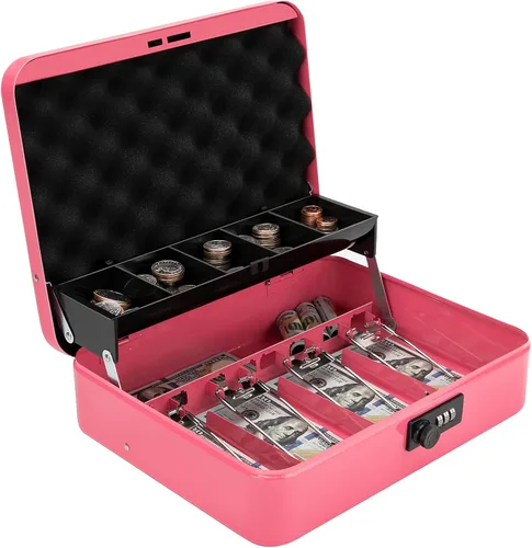 Miniatura 8 de Caja de efectivo con bandeja de dinero y cerradura, caja de dinero segura para efectivo, caja de bloqueo de metal con combinación, organizador