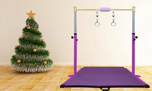Miniatura 6 de Adjustable Gymnastics Bar for Kids with Mat - Sturdy Kip Bar with Rings, Horizontal Bar for Home Training, 3'-5' Height, Ages 3-15, 250 LBS