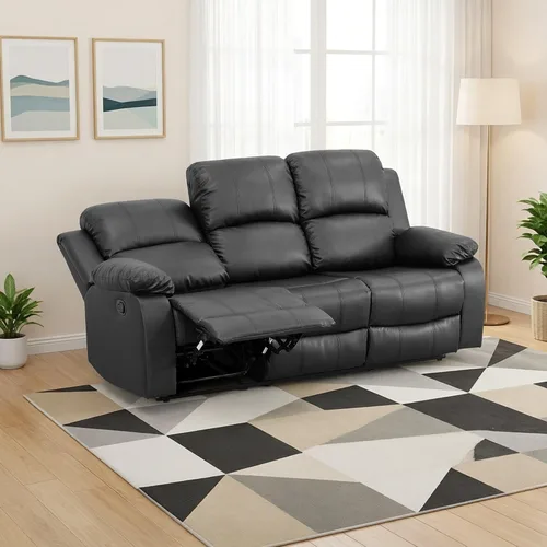 Miniatura 11 de Faux Leather Manual Recliner Sofa Set, 3 Piece Living Room Furniture Set, Loveseat Reclining Couch and 2 Recliner Chairs for RV Home Theater (Black)