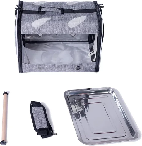 Miniatura 2 de Porta pájaros de viaje con soporte y percha, jaula transpirable para loros, portador de pájaros para senderismo, aprobado para aerolíneas Gris