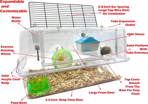 Miniatura 2 de Ratón de hámster acrílico transparente de 2 niveles de lujo, con rueda grande, botella de agua, torre, tazón de comida, esconder la casa, base
