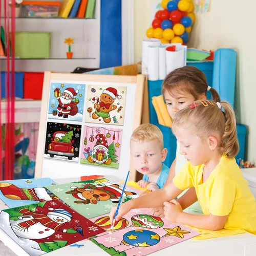 Miniatura 7 de Anseal 8 Paquetes Lienzos Predibujados de Navidad para Pintar, 8" X 8" Lienzo Preimpreso para Niños, Tableros de Pintura con Contorno Preestirado