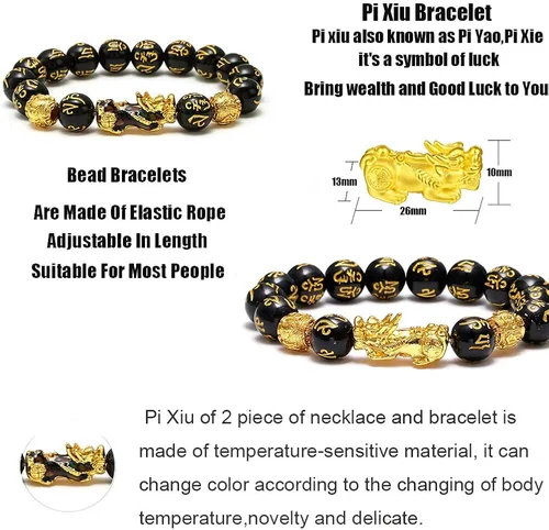 Miniatura 3 de SOOWOOT Feng Shui Pulsera Collar-Pi Xiu Negro Obsidian Riqueza Pulsera de Buena Suerte Pi Yao Attract Wealth Money Collar Set para Mujeres Hombres