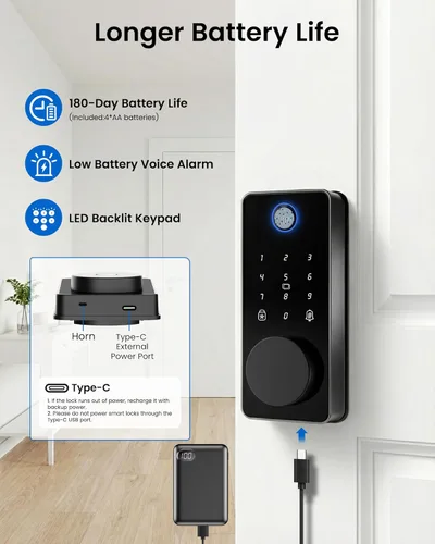 Miniatura 8 de Cerradura de cerrojo inteligente, control de aplicación de bloqueo de puerta de entrada sin llave de huellas dactilares, teclado electrónico