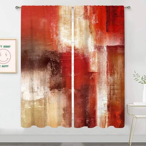 Miniatura 2 de MESHELLY Cortinas Rojas Abstractas 42Wx63H Pulgadas Bolsillo para Varilla Bloques Rústicos Borgoña Marrón Pintura al Óleo Casa de Campo Dormitorio